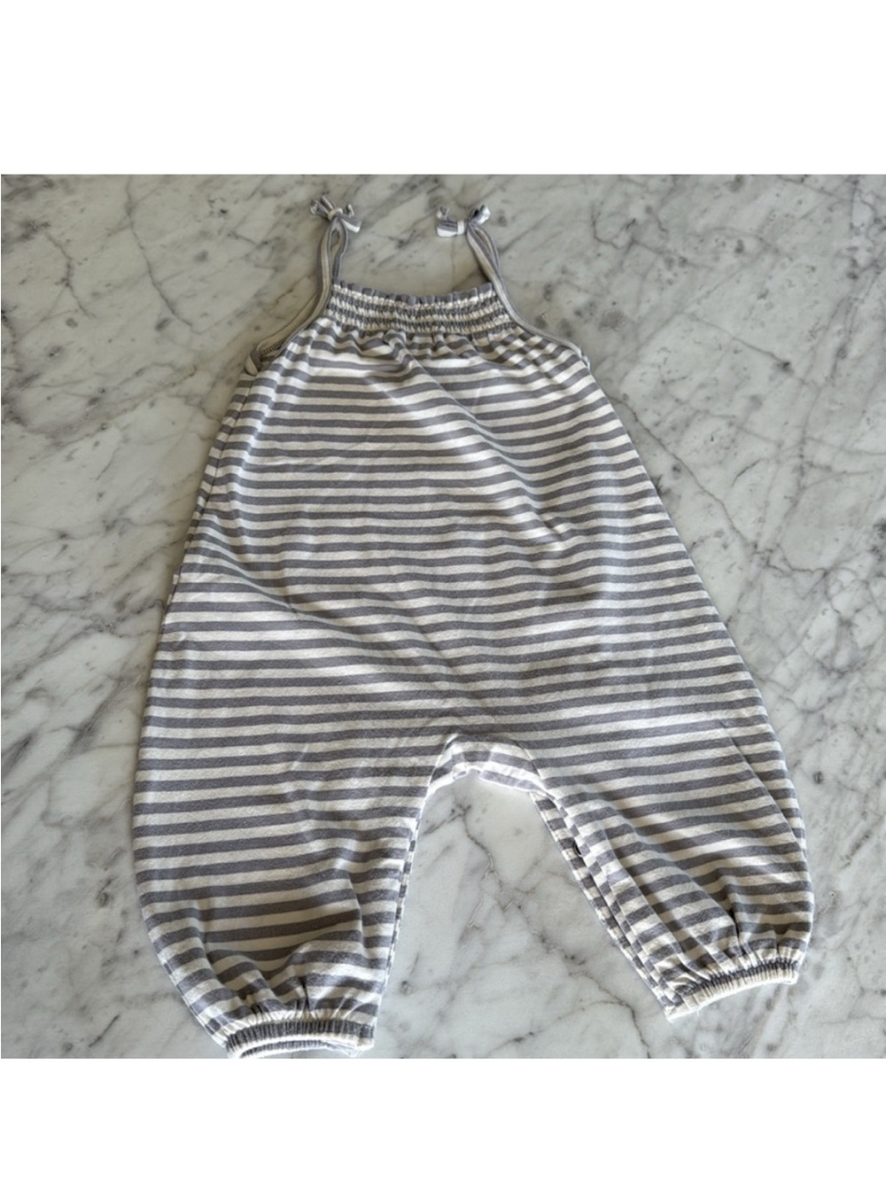 Quincy Mae Gray and White Striped Baby One-Piece Romper